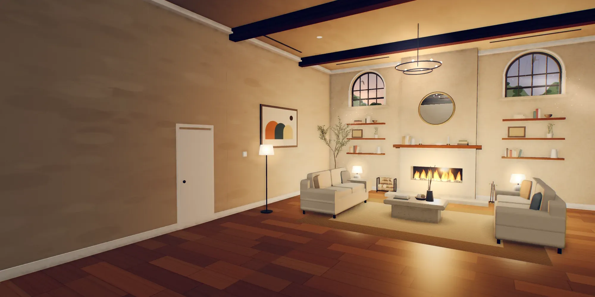 Illustrated living room seen from the front corner, finished: a lit linear fireplace between arched windows, sofas and a lamp