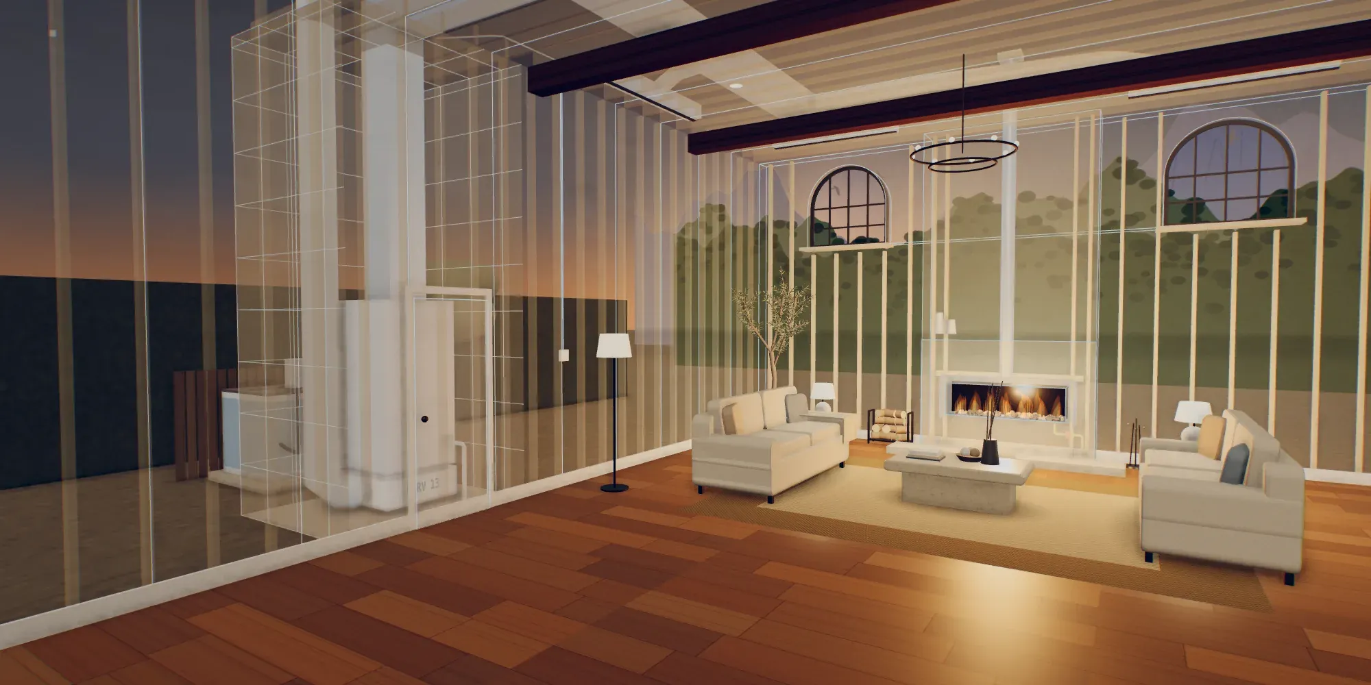 The same room opened up to show wall framing, the gas line, sealed vent and ducts above the ceiling, the air handler in its closet and the outdoor heat pump behind a slatted screen