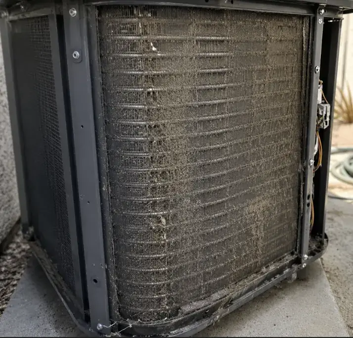 An outdoor unit coil matted with dust and debris before cleaning