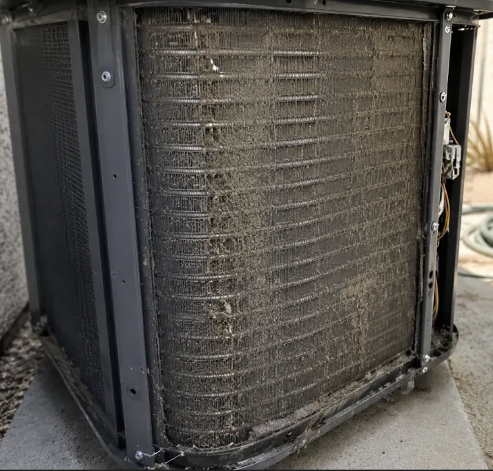 An outdoor unit coil matted with dust and debris before cleaning